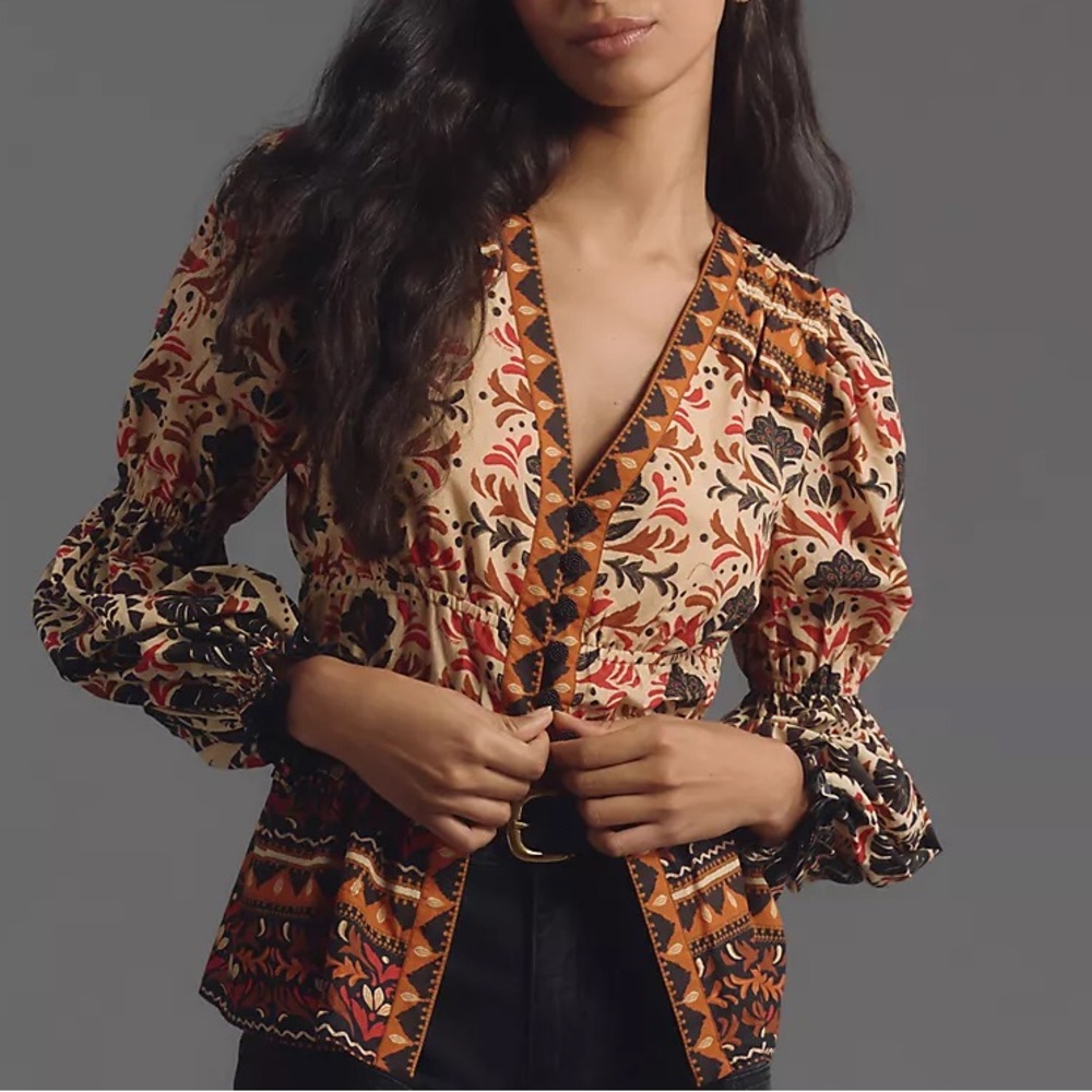 Anthropologie Farm Rio Long-Sleeve V-Neck Printed Blouse Small NWT - Picture 7 of 7